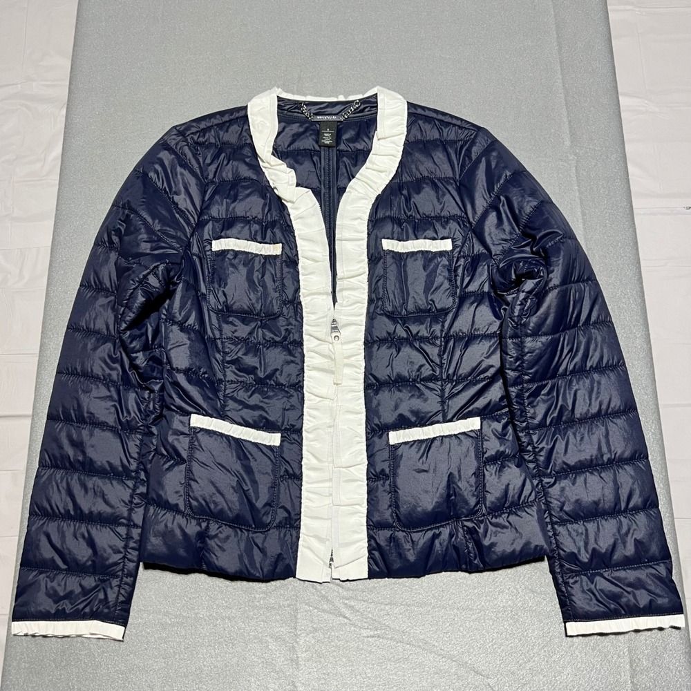White House Black Market Navy Blue Quilted Ruffle Trim Puffer Jacket Small